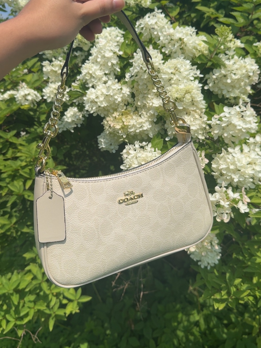 Coach Cream Leather Shoulder Bag with Gold Chain Accent